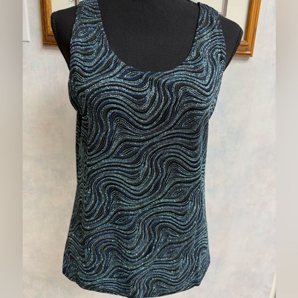 NWOT 2 pc Elegant Black Top w/Blue Glittery Threads -Beautiful Flattering Design - Picture 2 of 13